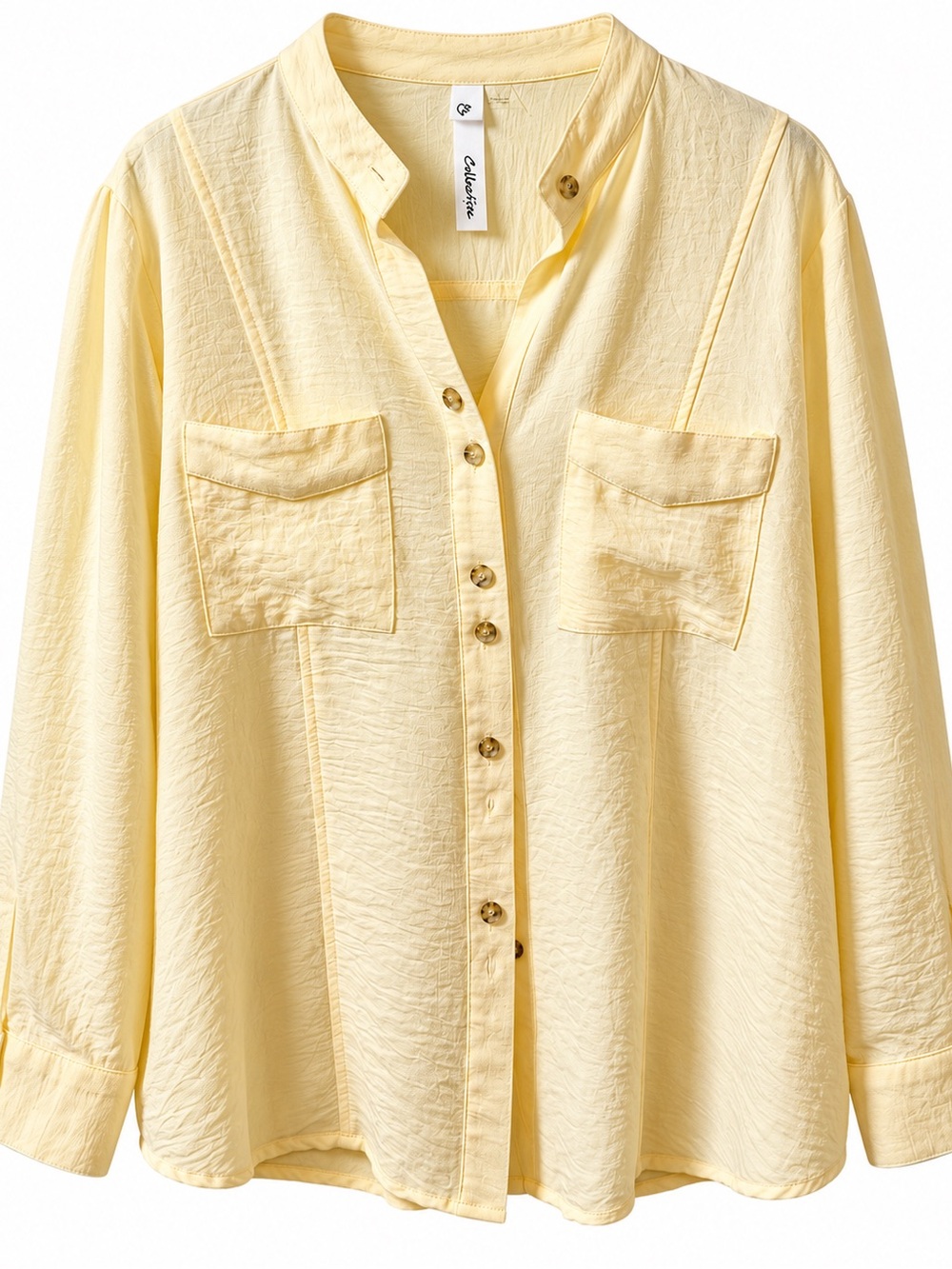 NY Collection Pale Yellow Button-Front Pocket Shirt